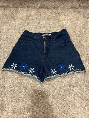 High-Rise Dark Blue Denim Shorts with Blue & White Floral Embroidery